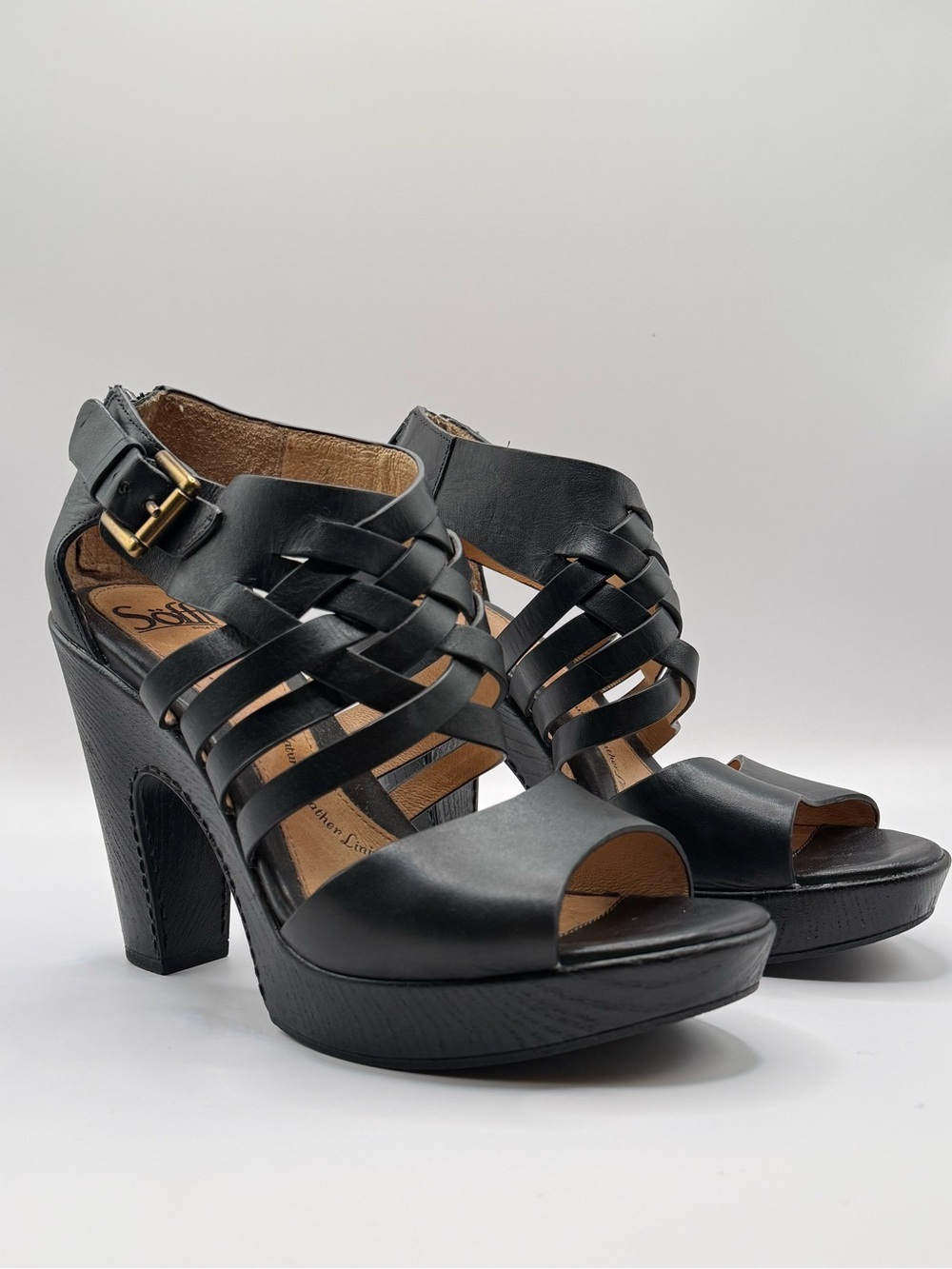 Sofft Black Leather Ohanna Strappy Caged Platform Block Heel Sandals